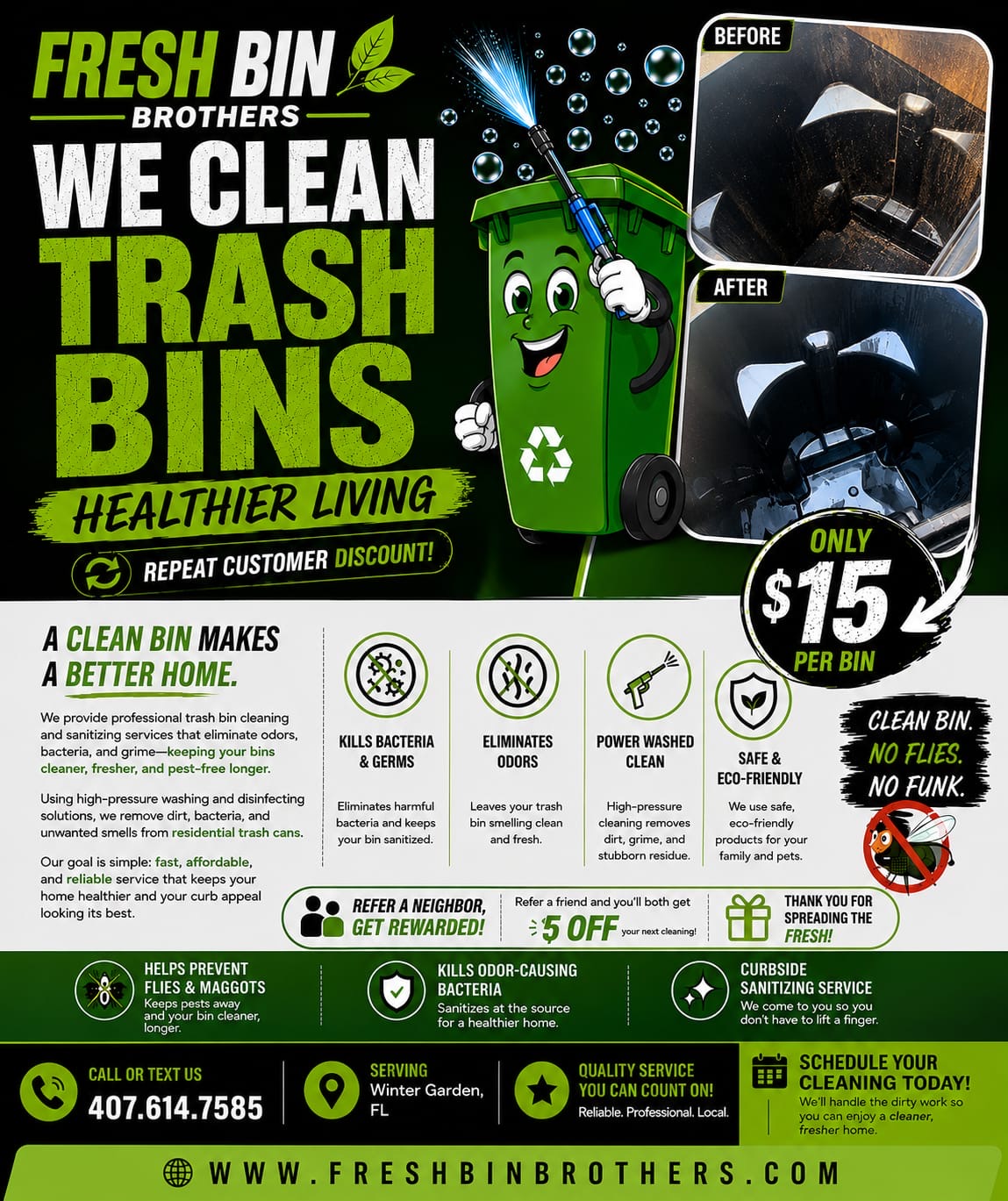 Before and after photos of a trash bin cleaned by Fresh Bin Brothers — caked-on grime transformed to a spotless interior.