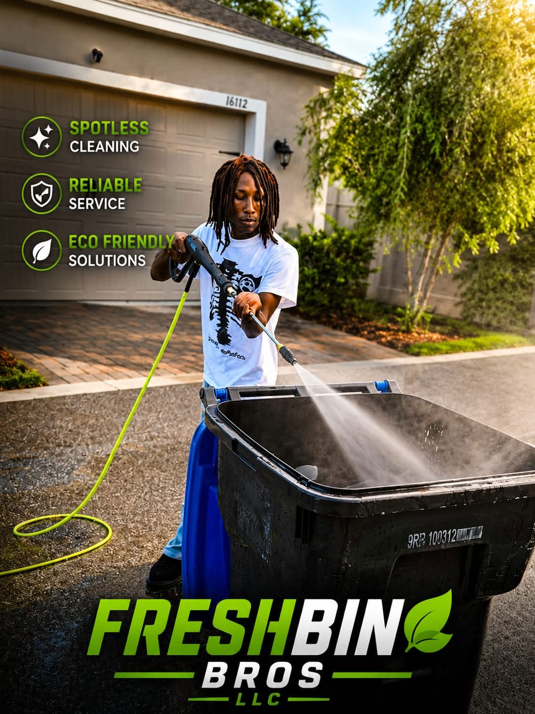 Fresh Bin Brothers technician pressure washing a curbside trash bin